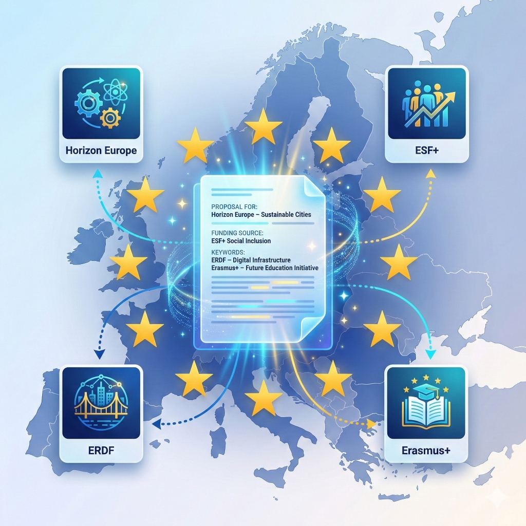 AI Grant Mapping Dashboard showing EU funding opportunities and grant tracking