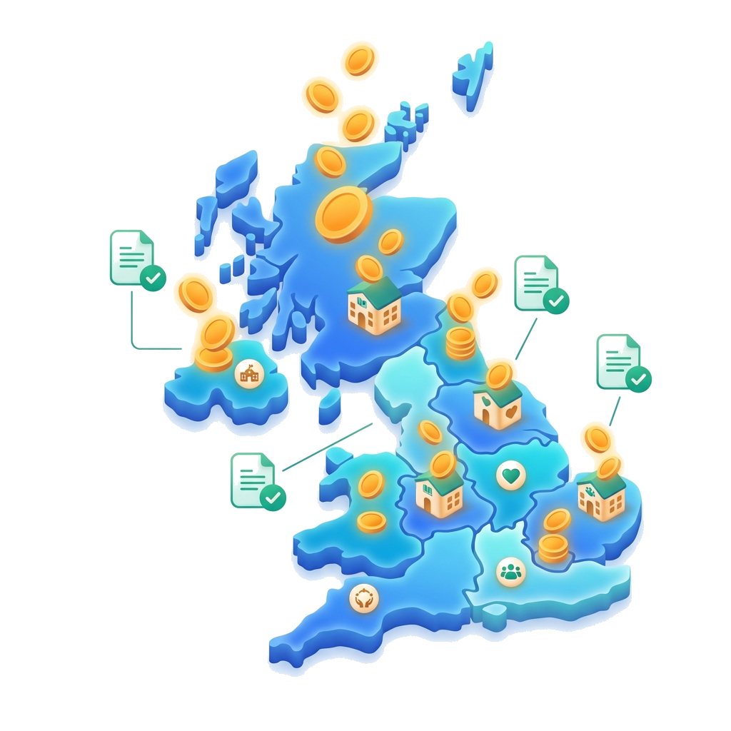 AI Grant Mapping Dashboard showing UK funding opportunities and grant tracking